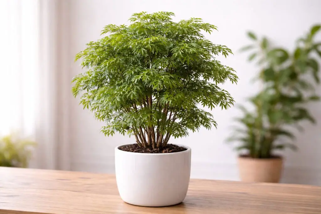 A small tree with bushy leaves in a white pot