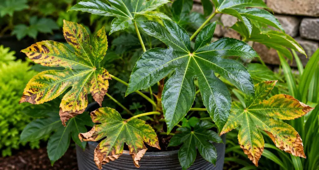 Fatsia japonica plant with a mix of healthy green leaves and damaged foliage showing yellowing, brown edges, leaf spots, and other common signs of plant stress.