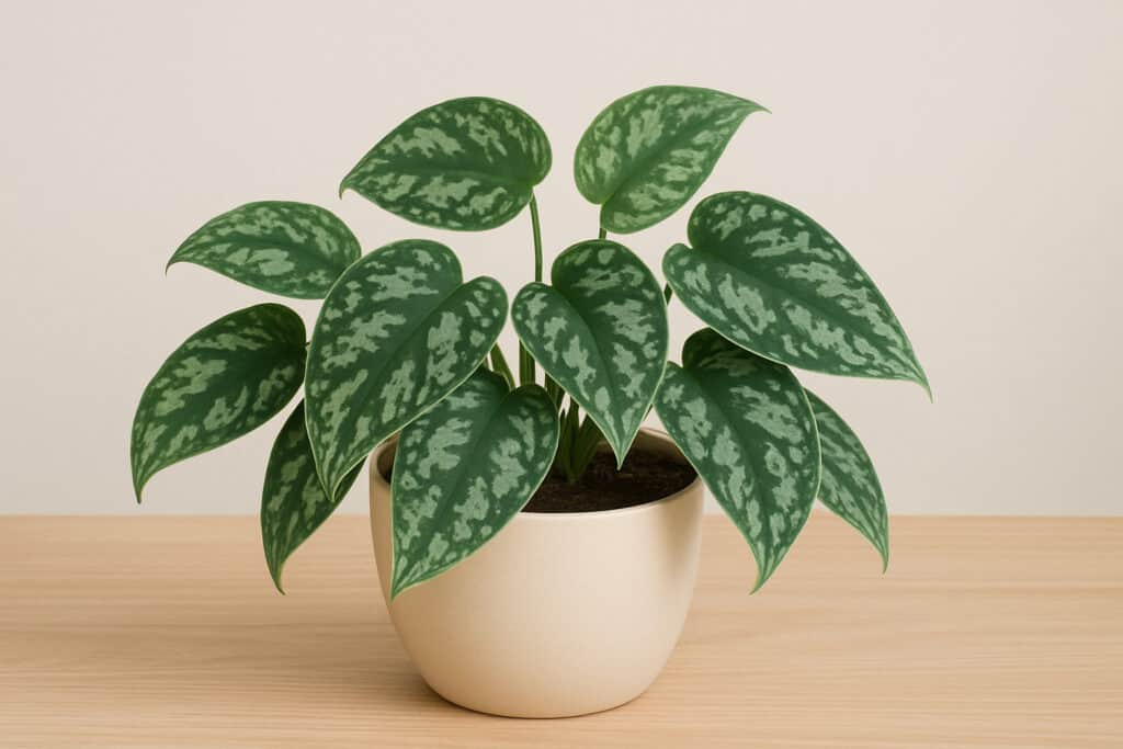 A green and silver leaved plant in a white pot on the article Why Are My Silver Satin Pothos Leaves Curling? Causes & Fixes