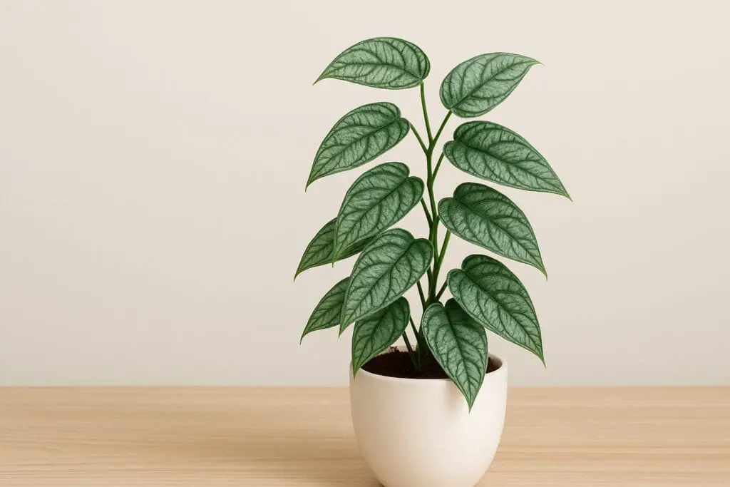 A green leaved plant in a white pot on the article Monstera Siltepecana Care Guide: Light, Water, Soil & Growth Tips
