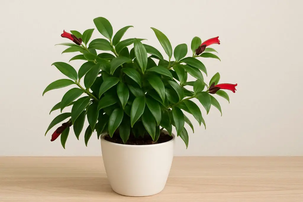A green leaved plant with red flowers in a white pot on the article How to Grow a Lipstick Plant from Cuttings (Step-by-Step)