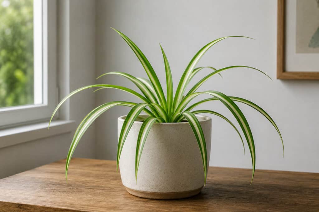 A green and yellow foliaged plant which is in a white pot on a brown wooden table on the article Spider Plant Air Purifying Benefits: What the Science Actually Says