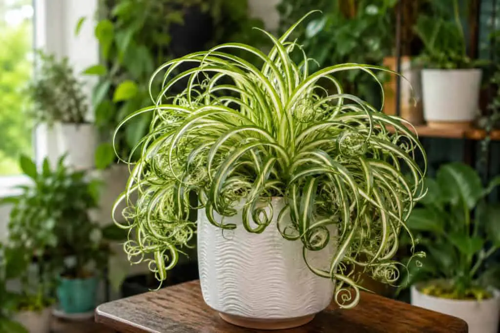 Healthy Bonnie spider plant with curly variegated leaves growing indoors in a decorative white pot.