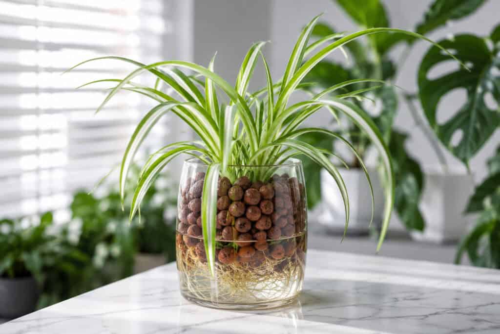 Spider plant growing in LECA clay pebbles in a clear glass container with visible water roots.