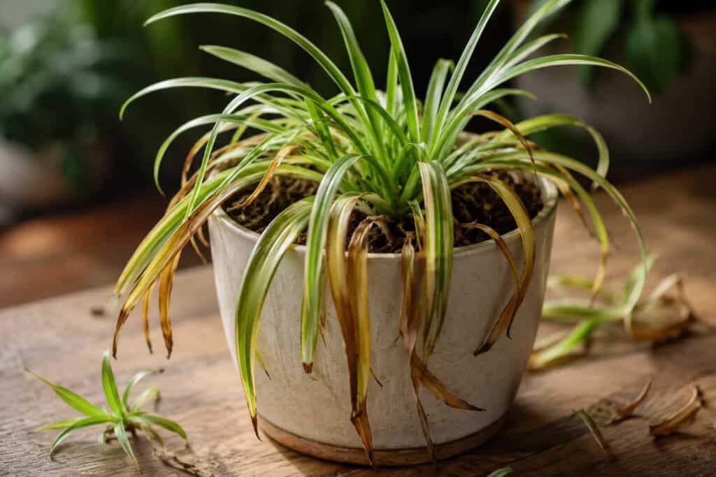 Spider plant with yellowing and browning leaves showing signs of overwatering in an indoor pot.