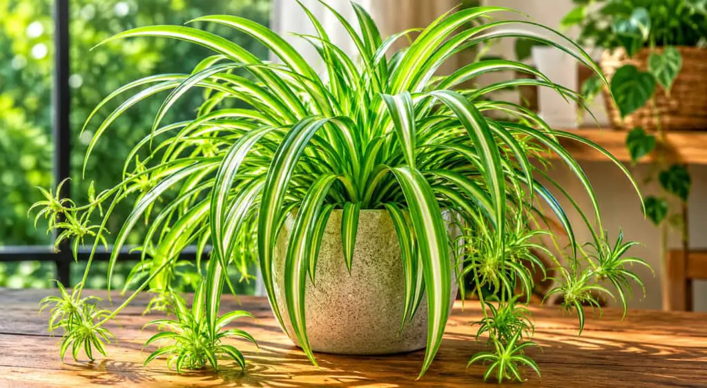 A spider plant with lots of spiderettes on the article How to Fertilise a Spider Plant