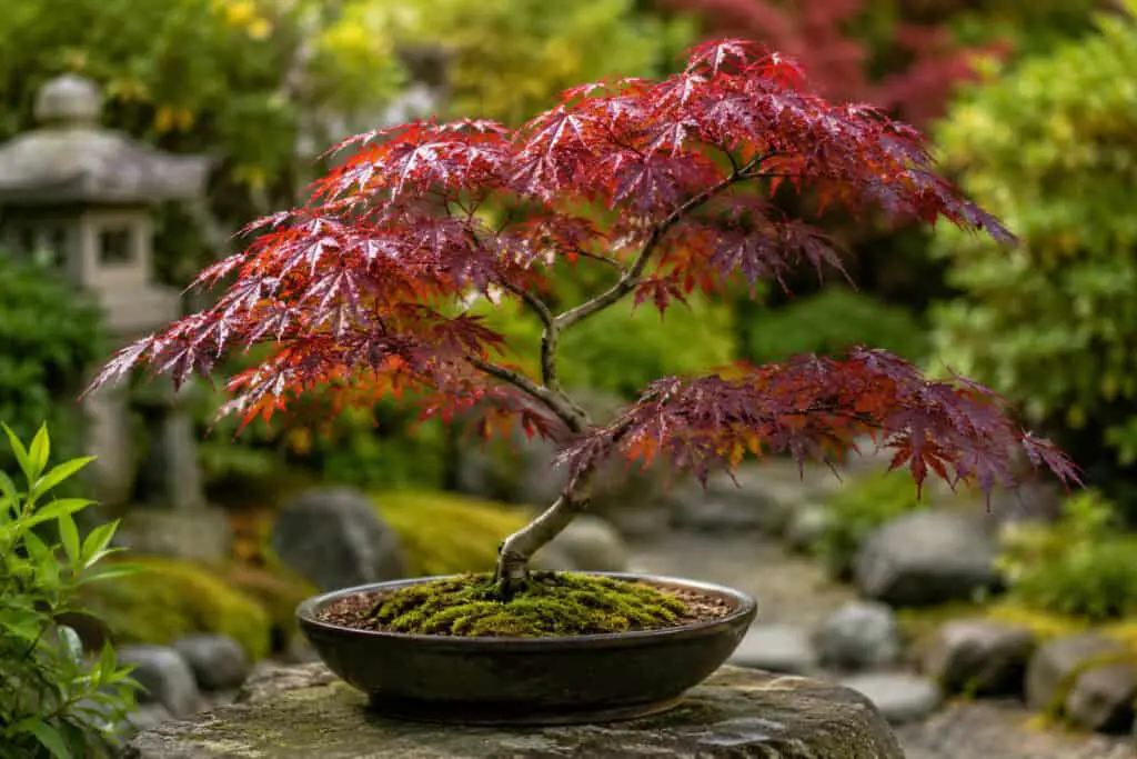 Healthy Acer palmatum tree growing in a decorative pot within a Japanese-inspired garden.