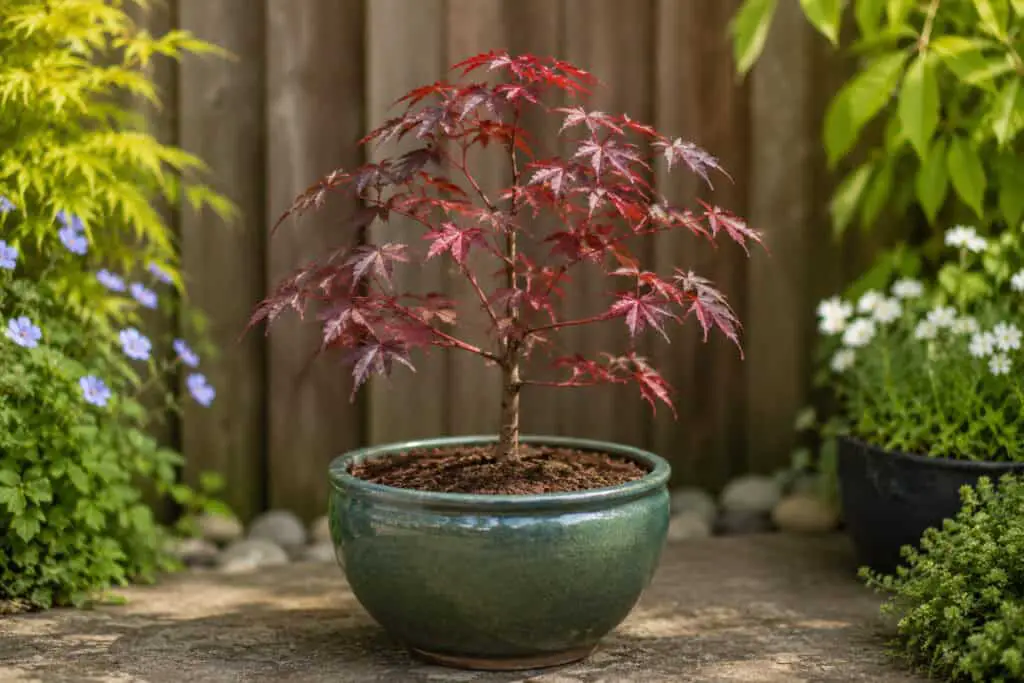 Small Japanese acer tree growing slowly in a decorative pot in a garden setting.
