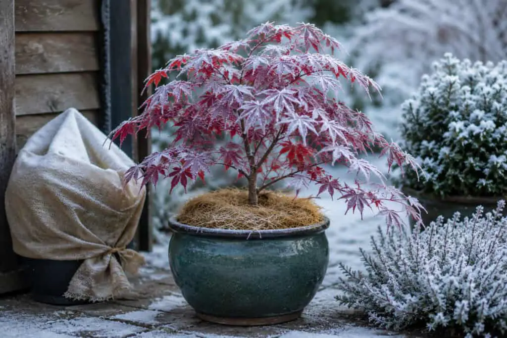 Japanese acer tree in a container protected from frost during winter in a snowy garden.