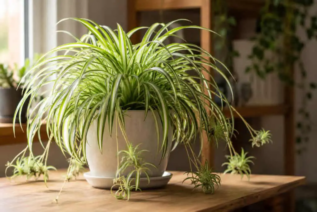 Mature spider plant with multiple baby plantlets growing indoors on a wooden table.