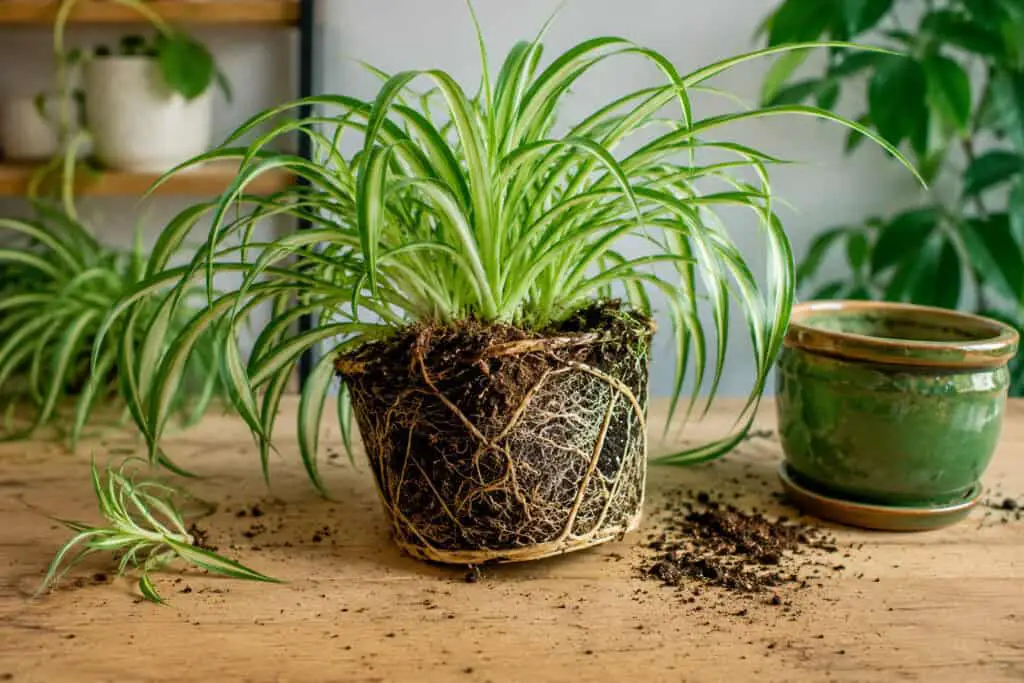 Root-bound spider plant removed from its pot showing dense, circling roots and overcrowded growth.