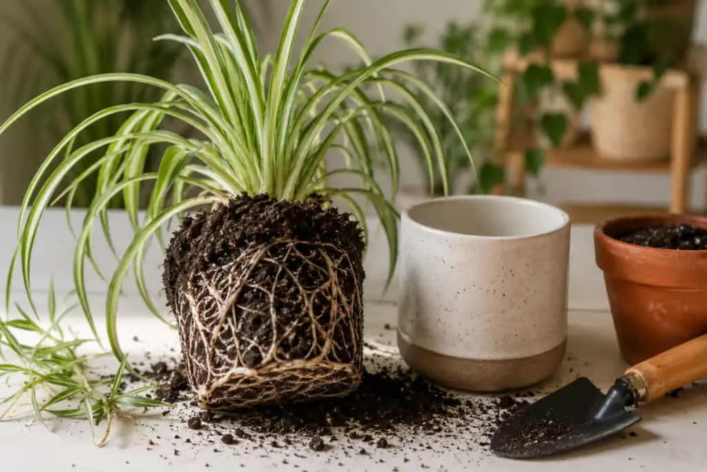 Spider plant with exposed root ball and crowded roots next to a new pot during repotting.
