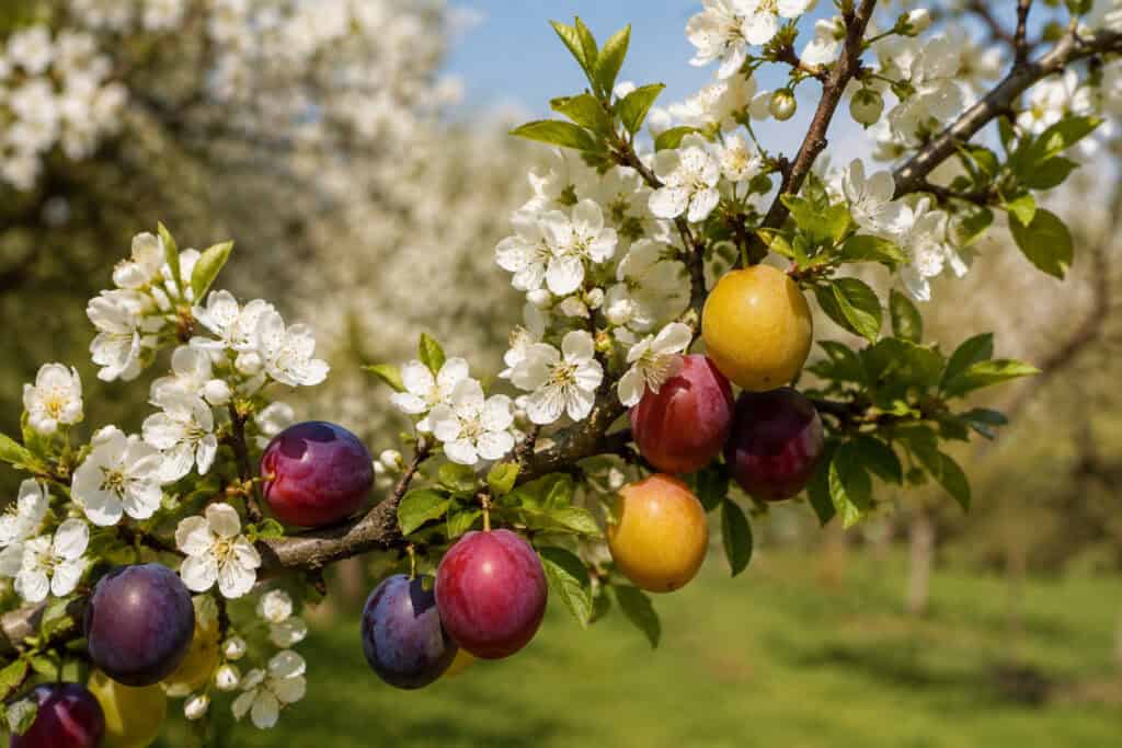 Flowering plum tree branch with white blossoms and ripe purple, red, and yellow plums growing in a sunny orchard during spring.