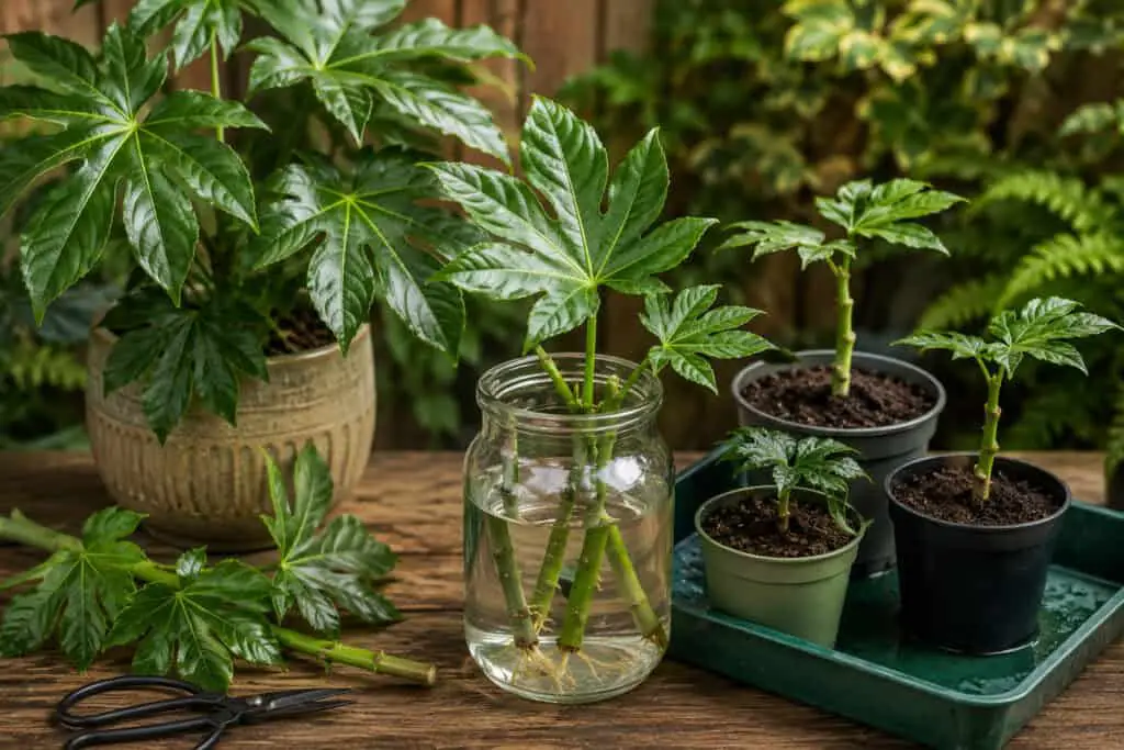 Fatsia japonica stem cuttings rooting in water alongside newly potted cuttings on a wooden gardening bench.
