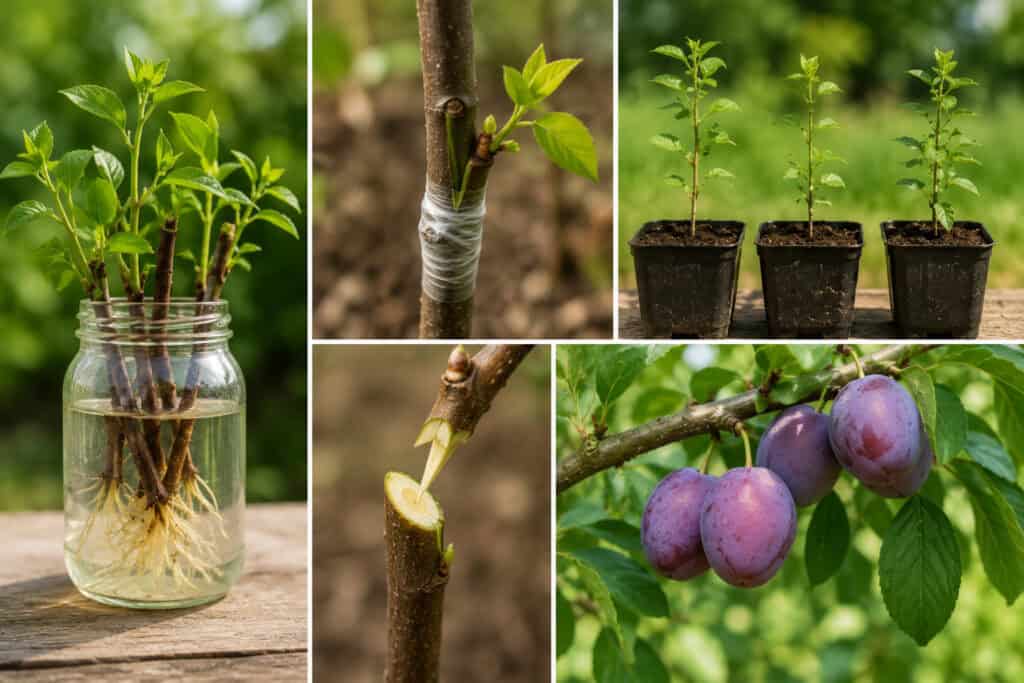 Collage showing plum tree propagation methods including cuttings, grafting, rooted cuttings, young saplings, and ripe plums.