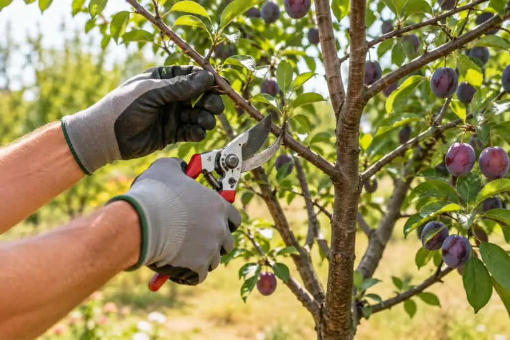 Gardener pruning a healthy plum tree branch with pruning shears during summer maintenance.