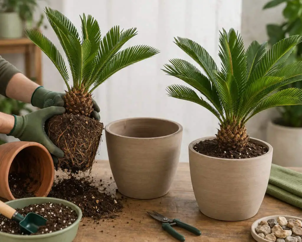 Repotting a healthy sago palm into a larger ceramic pot with fresh potting mix, gardening tools, and soil on a wooden table in a bright indoor setting.