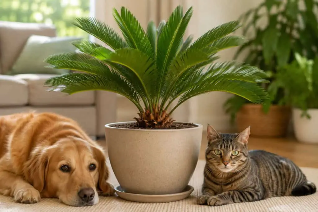 Sago palm houseplant in a pot with a cat and dog resting nearby in a bright living room.