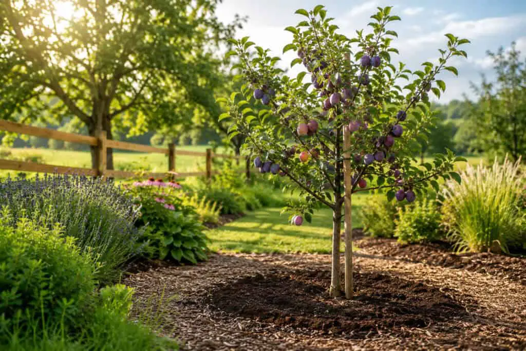 Young plum tree staked in a mulched garden bed, with ripening purple fruit hanging among the leaves