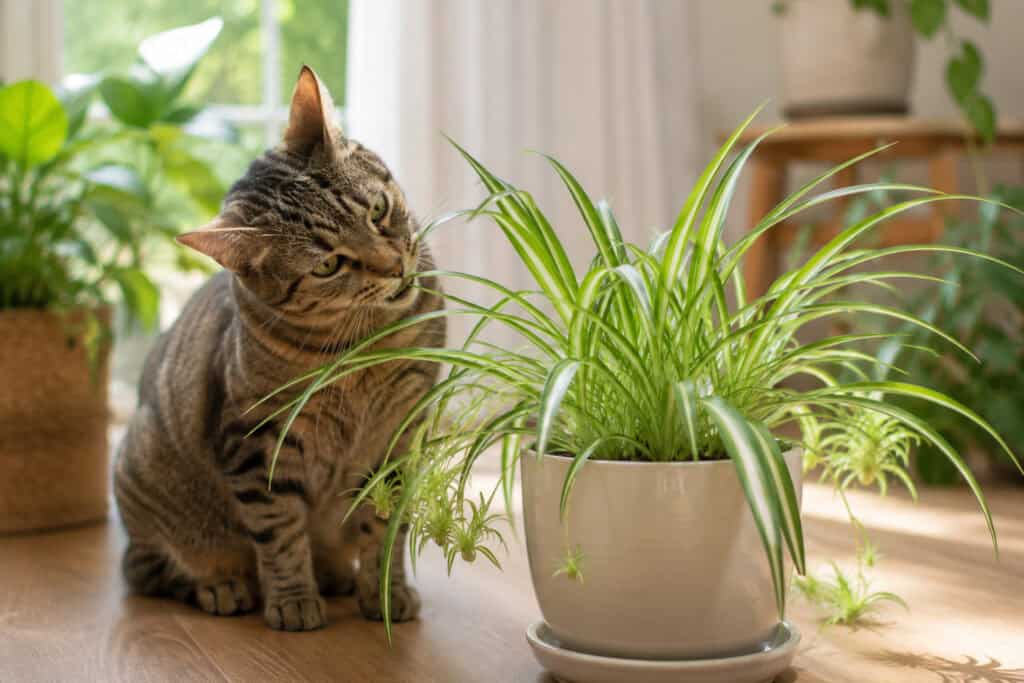 Indoor cat investigating a potted spider plant in a sunlit home.