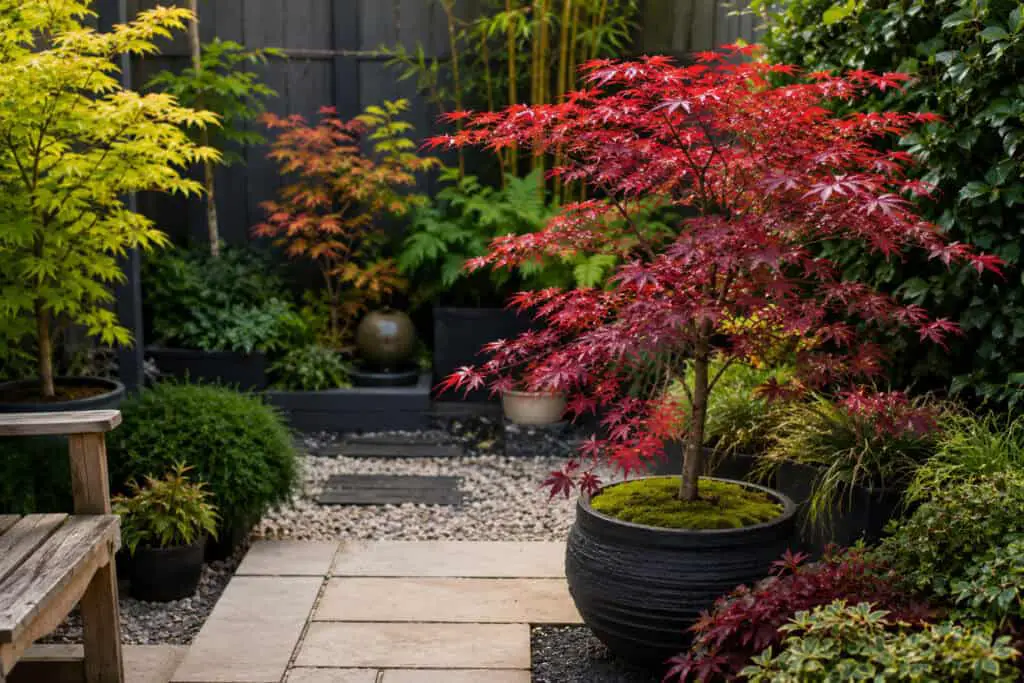 Collection of Japanese acer trees growing in containers and a small landscaped garden.