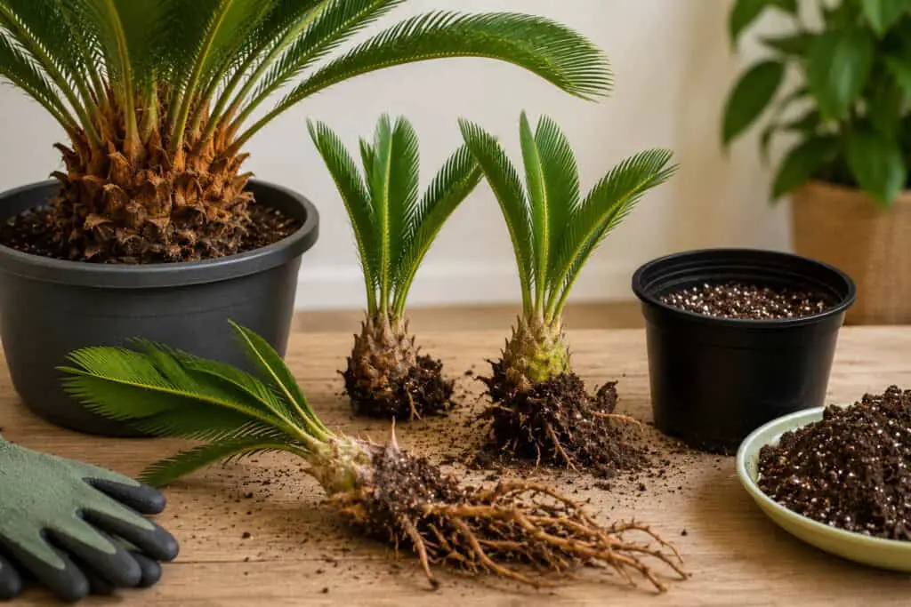 Sago palm pups removed from the parent plant and prepared for propagation in pots.