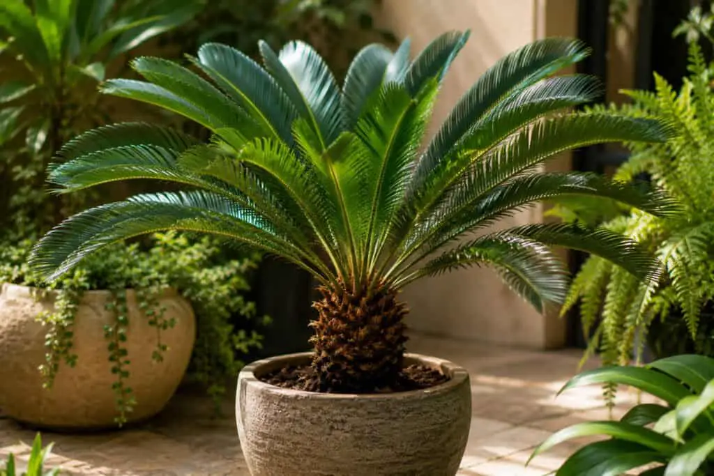 Potted sago palm with vibrant green fronds growing in bright indoor conditions.