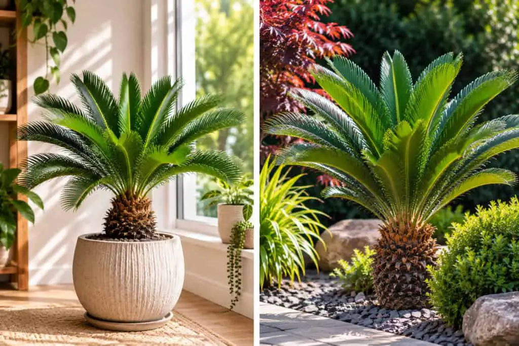 Healthy sago palm growing indoors near a bright window and outdoors in a sunny garden.