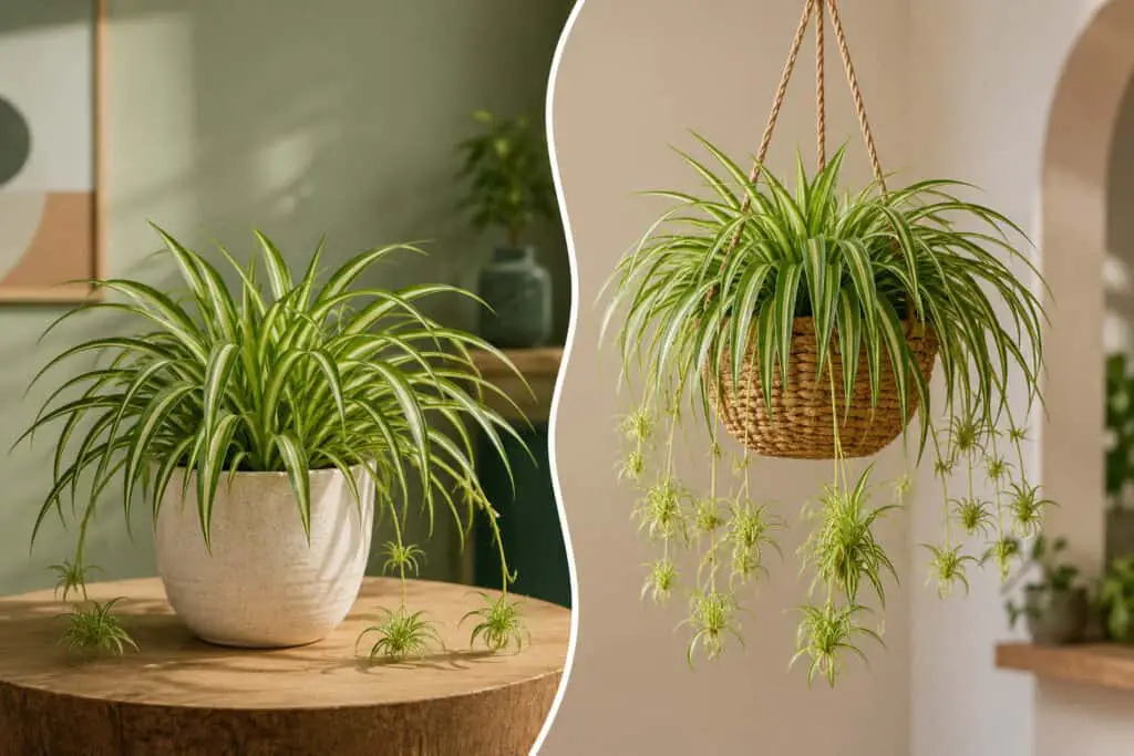 A healthy spider plant displayed in two indoor styles: one growing in a modern ceramic pot on a wooden table and the other cascading from a woven hanging basket with trailing spiderettes, shown side by side in bright natural light.