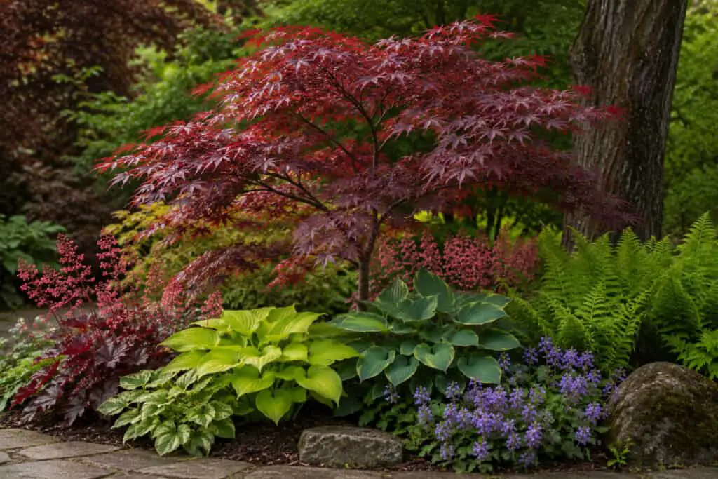 Japanese acer tree surrounded by hostas, ferns, heucheras, and flowering shade-loving companion plants.