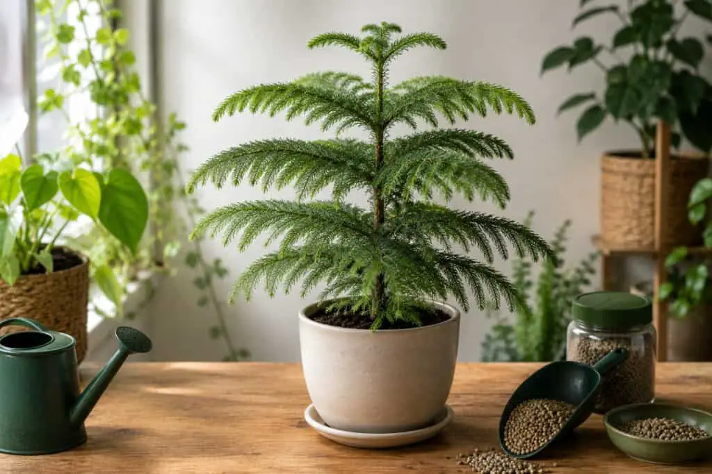 Healthy Norfolk Island pine in a pot beside houseplant fertiliser and gardening tools indoors.