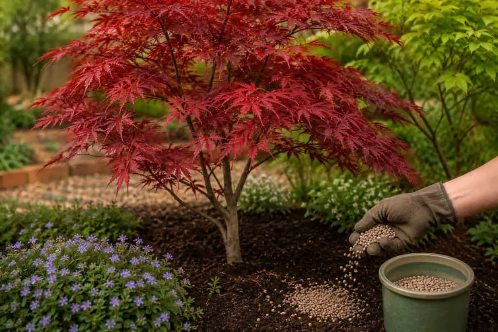 Japanese maple tree being fertilized with slow-release granules around its roots in a garden