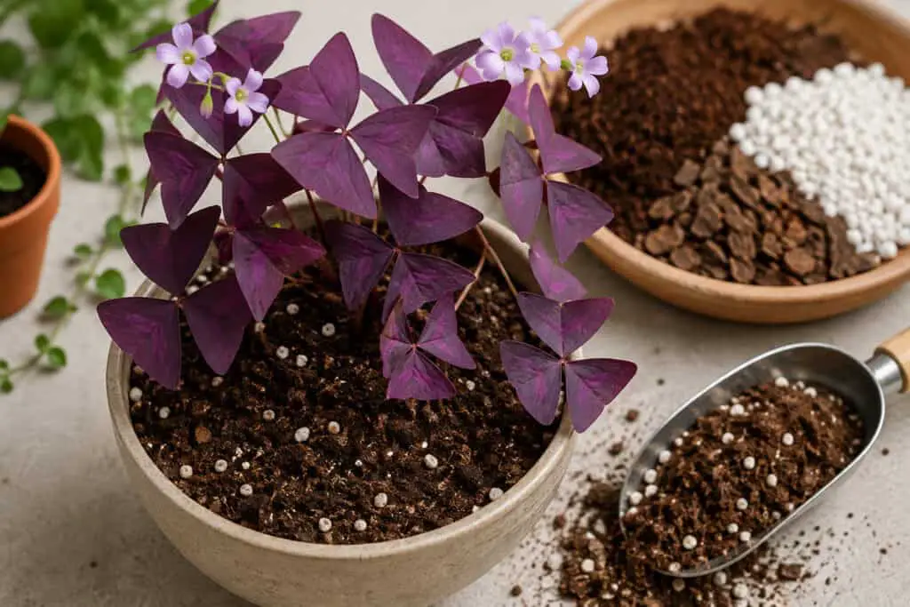 Healthy purple shamrock plant growing in a well-draining potting mix with perlite and bark, alongside soil ingredients and a gardening scoop.