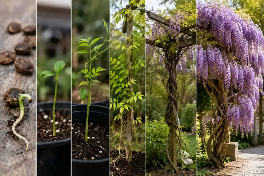 Wisteria growth stages from seed and young seedlings to a mature flowering wisteria vine