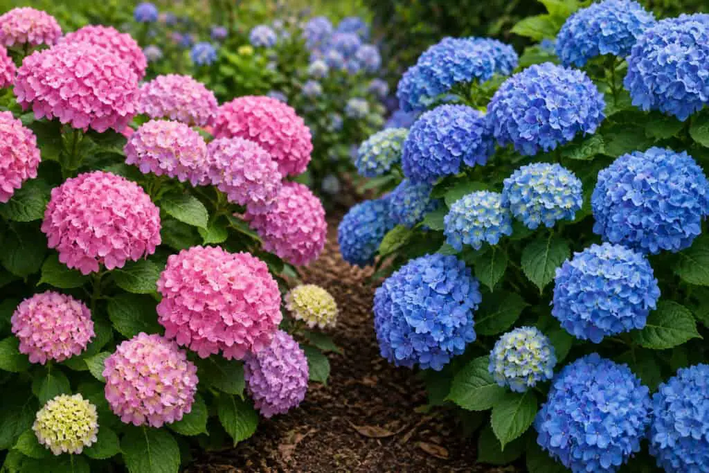 Pink and blue hydrangea bushes growing on opposite sides of a garden path, showing the different flower colours hydrangeas can produce.