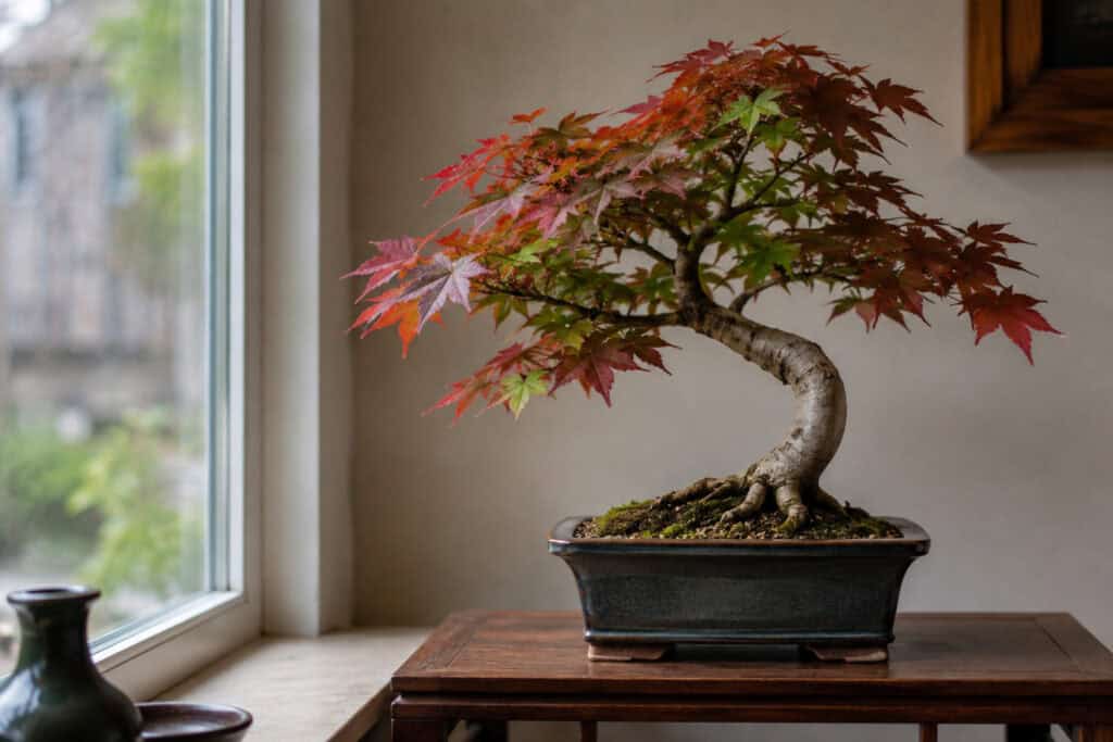 Acer bonsai tree growing indoors in a ceramic pot beside a bright window, with red and green Japanese maple leaves