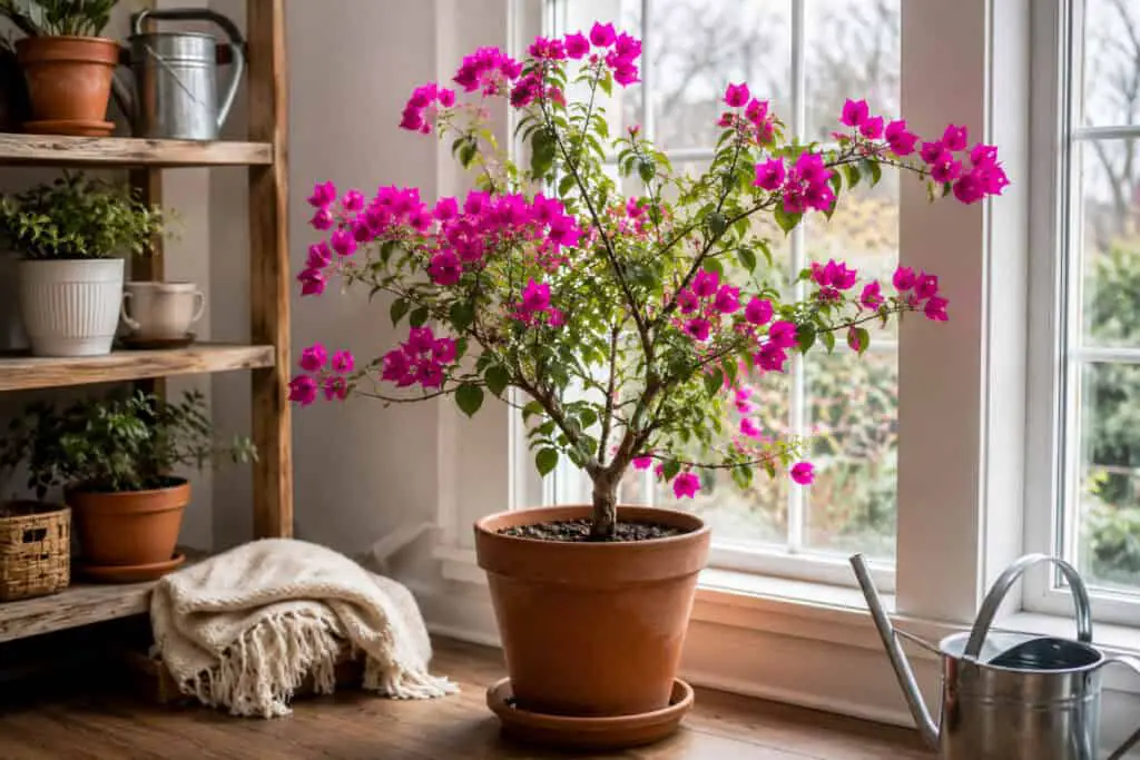 Potted bougainvillea with vibrant pink flowers growing indoors beside a bright window during winter.