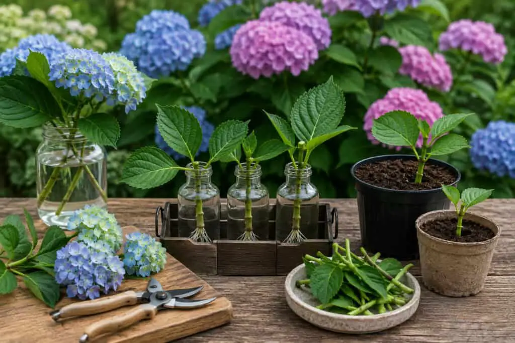 Hydrangea cuttings developing roots in glass jars alongside potted hydrangea plants and fresh cuttings.