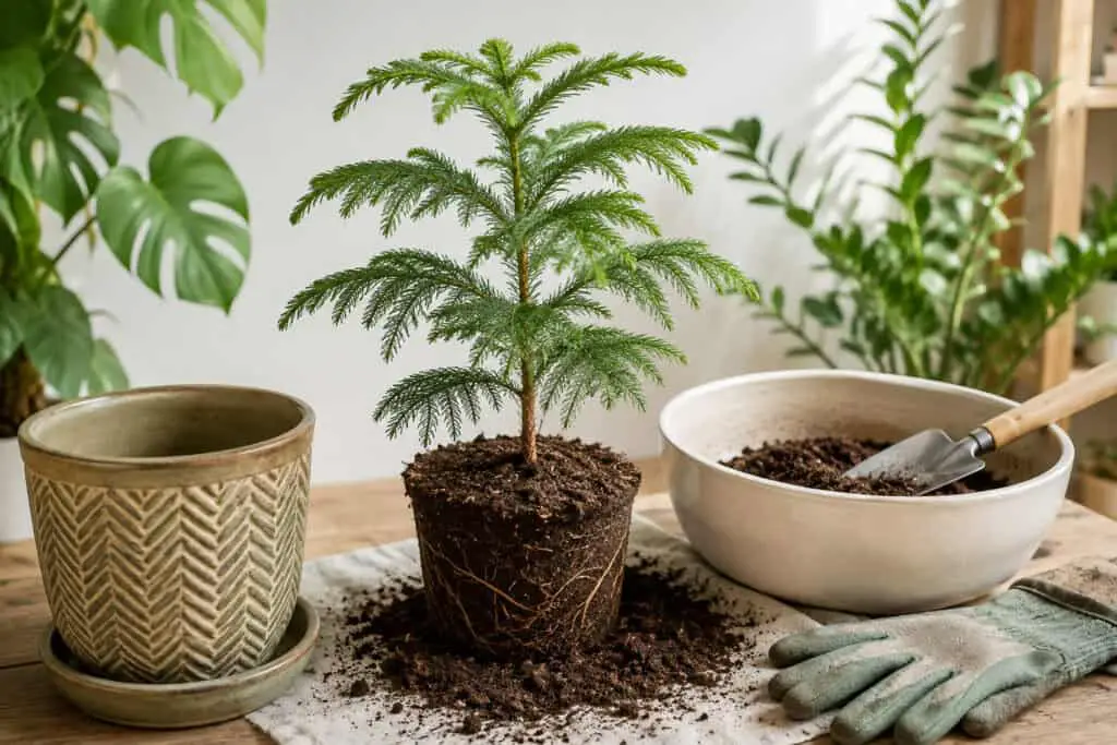 Norfolk Island pine removed from its pot during repotting with fresh potting soil and a new plant pot ready.
