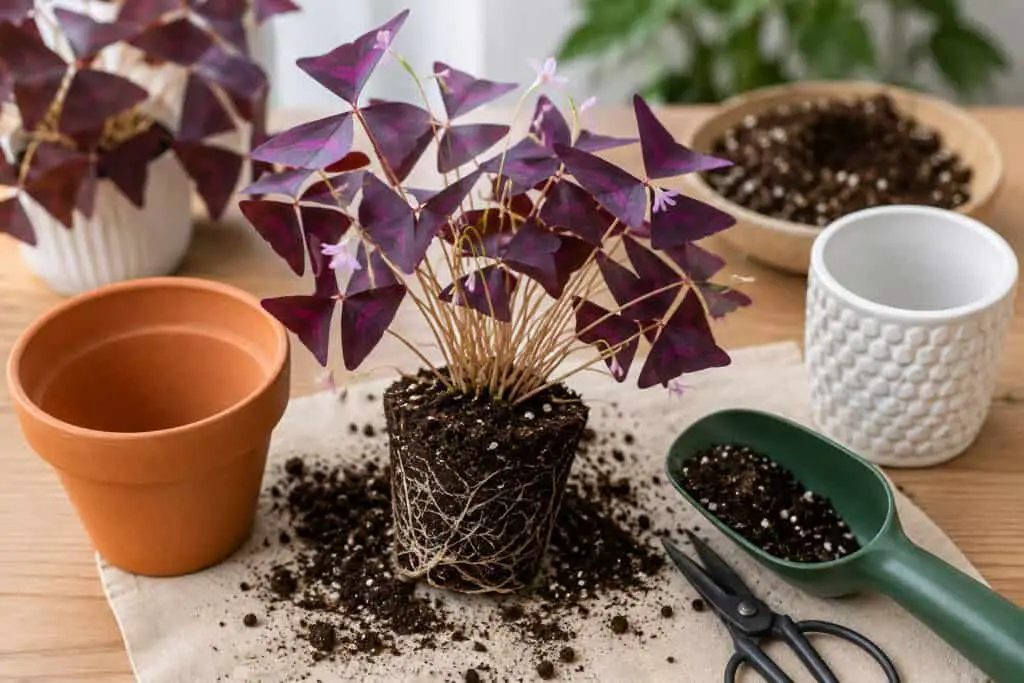 Repotting a purple shamrock plant into a larger pot with fresh potting soil indoors