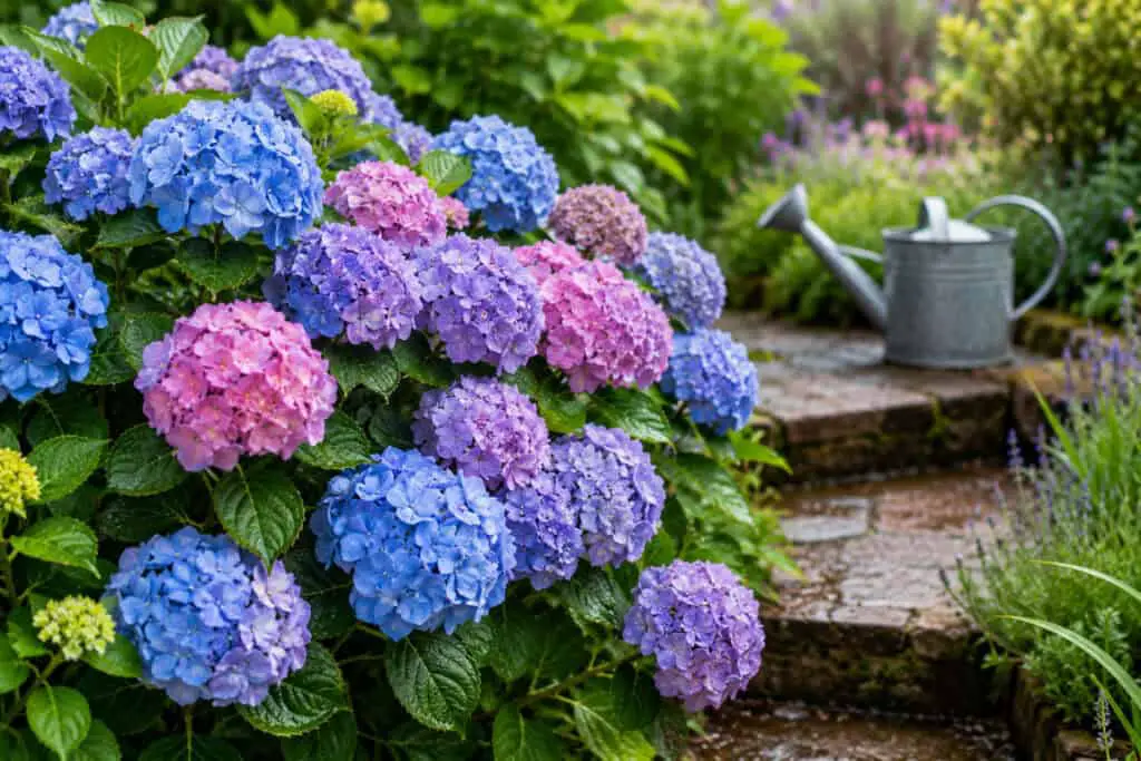 Lush blue, pink and purple hydrangea flowers growing in a garden beside a watering can.