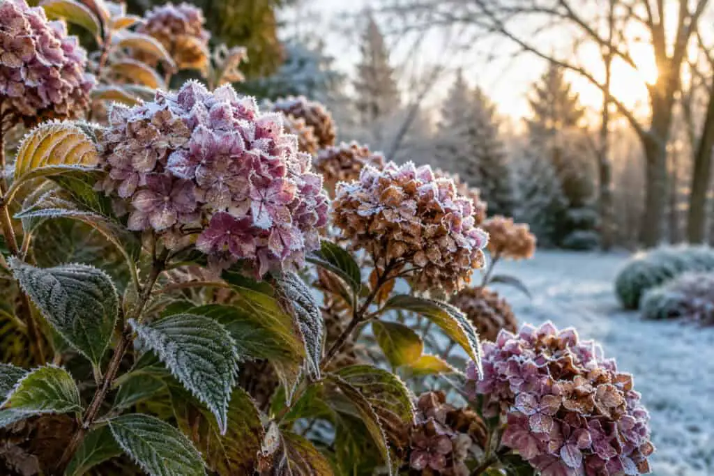 Frost-covered hydrangea flowers and leaves in a winter garden.