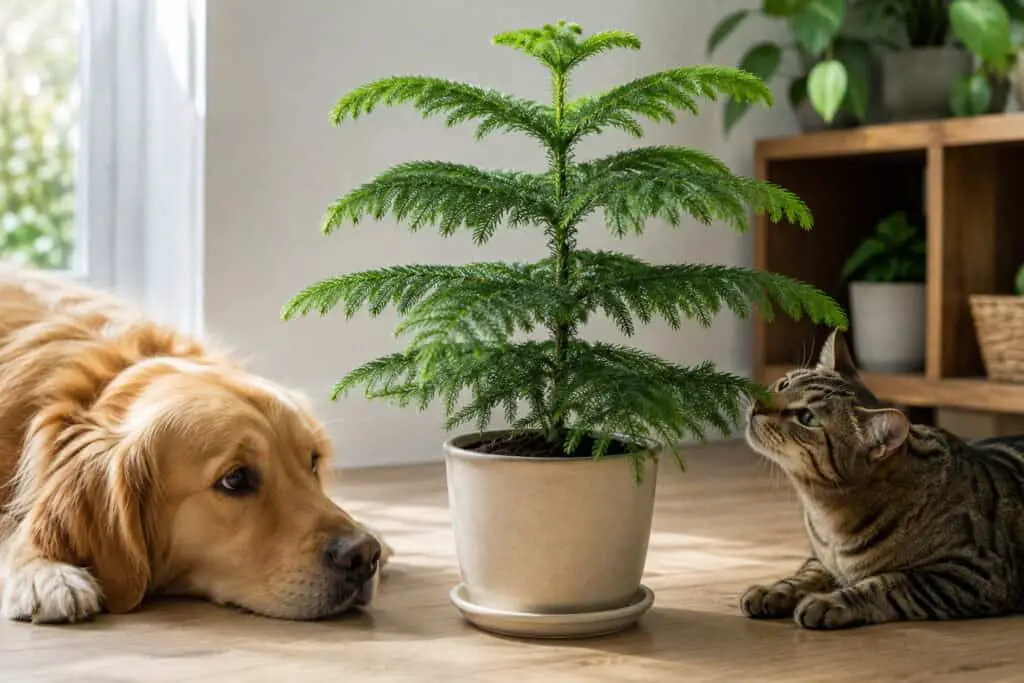 Norfolk Island pine houseplant with a cat and dog indoors, illustrating pet safety around houseplants.