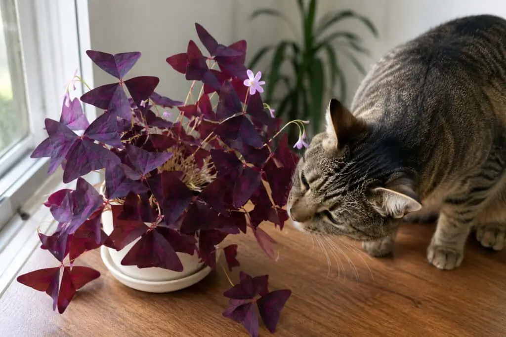 Tabby cat sniffing a purple shamrock plant (Oxalis triangularis) on a windowsill indoors
