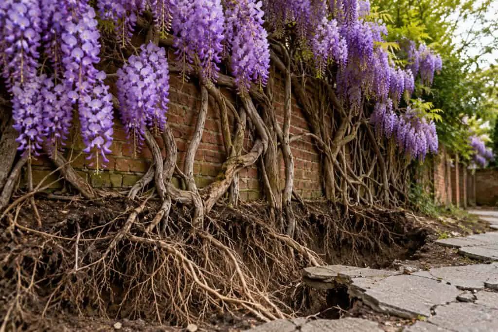Wisteria growing along a brick wall with extensive roots spreading through the soil beneath it.