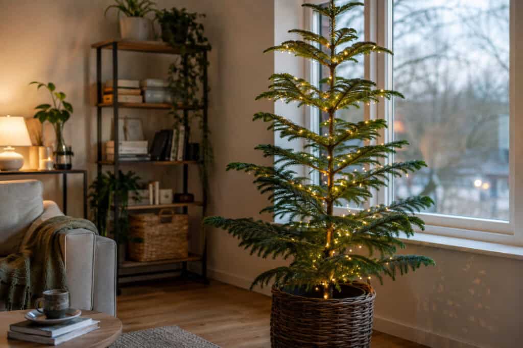 A healthy Norfolk Island pine decorated with warm white Christmas lights in a modern living room beside a large window, showing an ideal indoor Christmas tree with lush green branches.