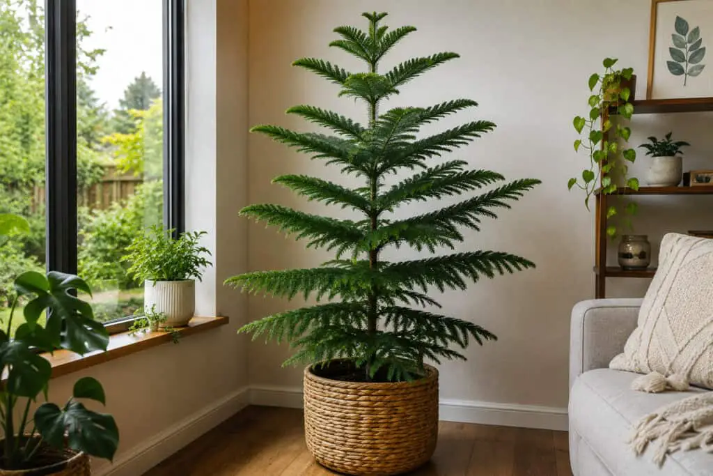 Mature Norfolk Island pine growing indoors in a bright modern living room, showing its tall size, symmetrical branches, and healthy evergreen foliage in a decorative woven planter.