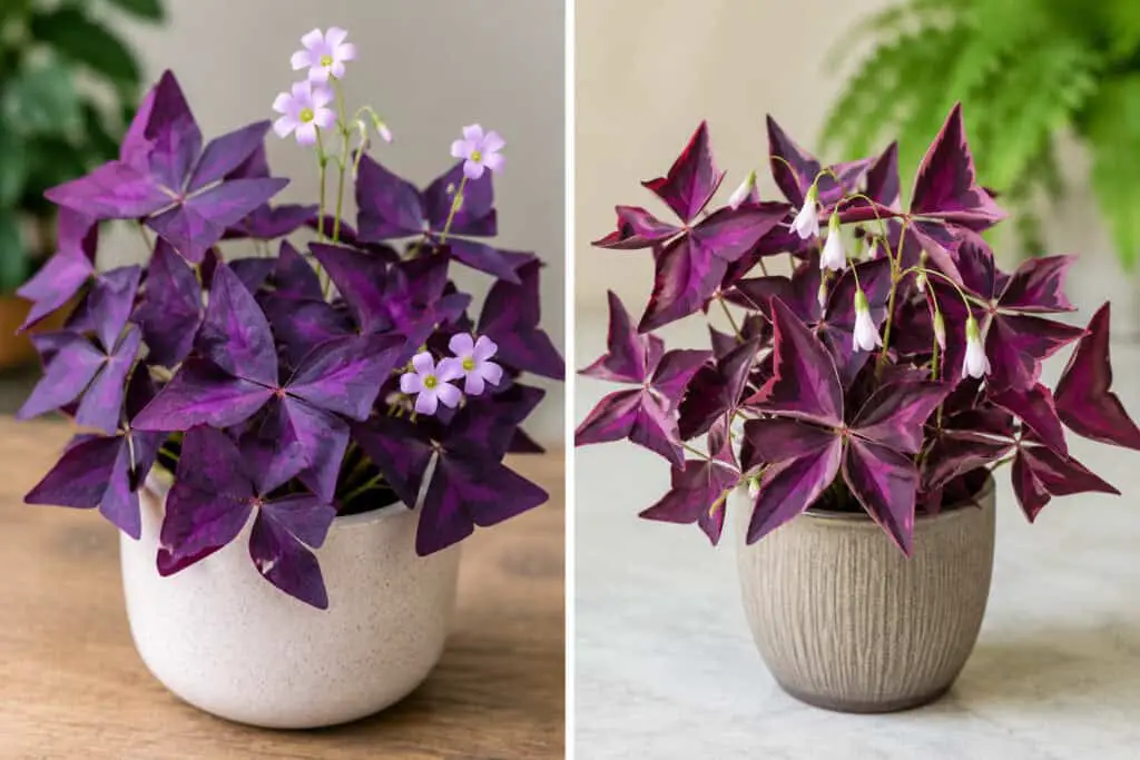 Side-by-side comparison of Oxalis triangularis and Oxalis regnellii plants showing differences in leaf colour, shape, and flowers