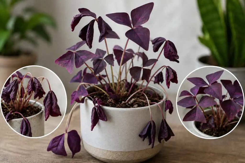 Purple Shamrock plant with curling and drooping purple leaves in a white pot indoors.