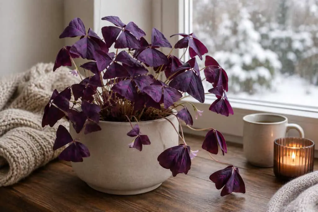 Purple Shamrock (Oxalis triangularis) growing indoors on a windowsill during winter with snowy scenery outside.